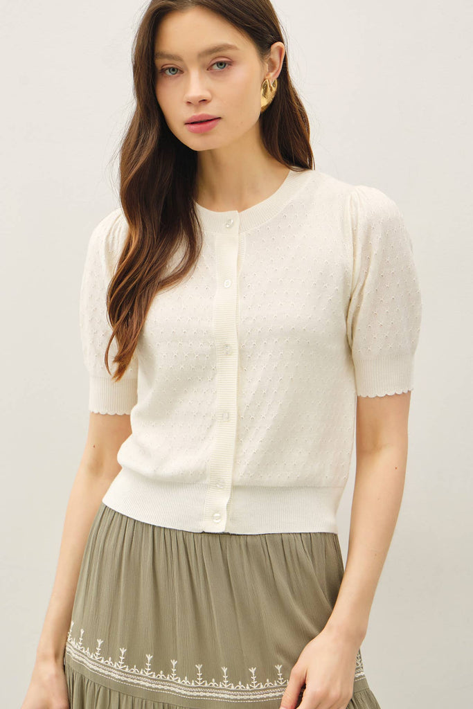 Pointelle Puff Sleeve Cardigan: Cream