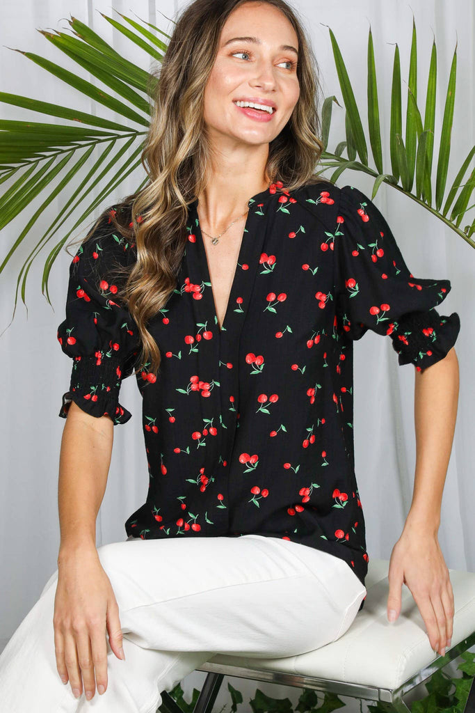 Cherry Print V-Neck Blouse
