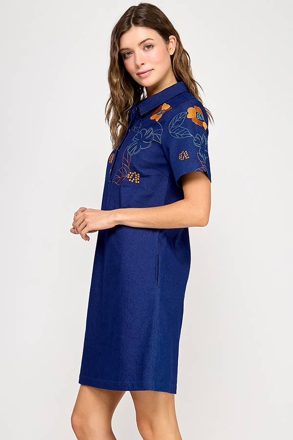 Embroidered Denim Mini Dress
