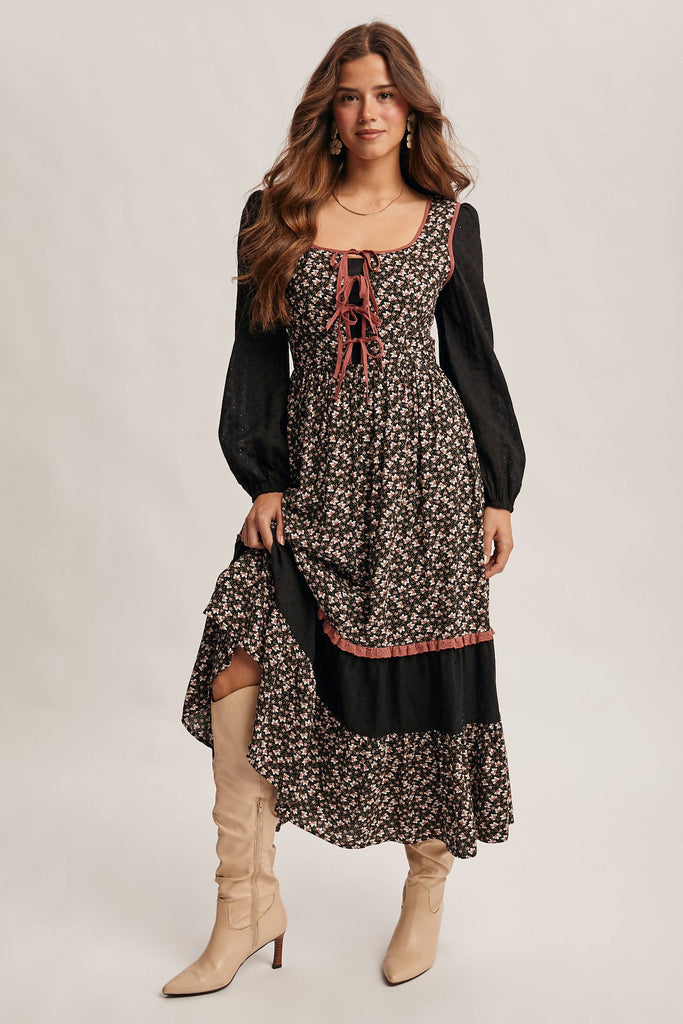 Floral Patchwork Lace-Up Maxi Dress