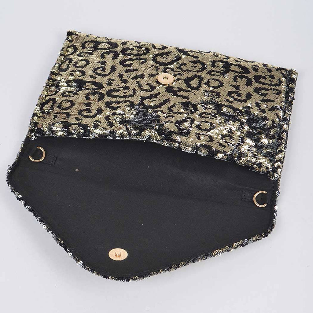 Sequin Leopard Clutch: Gold