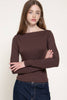 Boat Neck Brushed Rib Knit Top: Chocolate