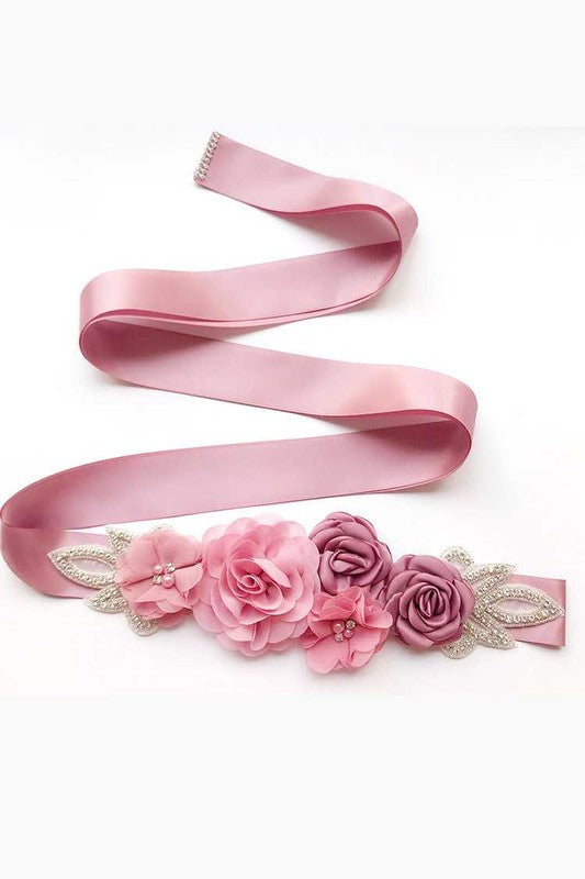 Georgette Floral Crystal Tie Belt: Peach