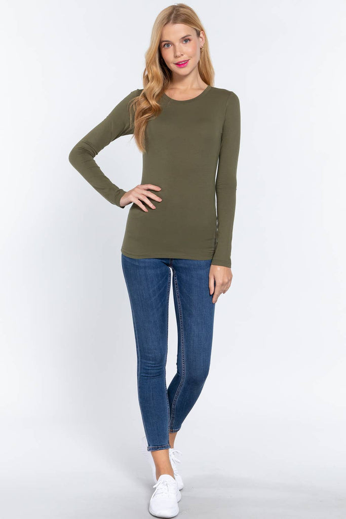 Crew Neck Cotton Spandex Jersey Top:Olive