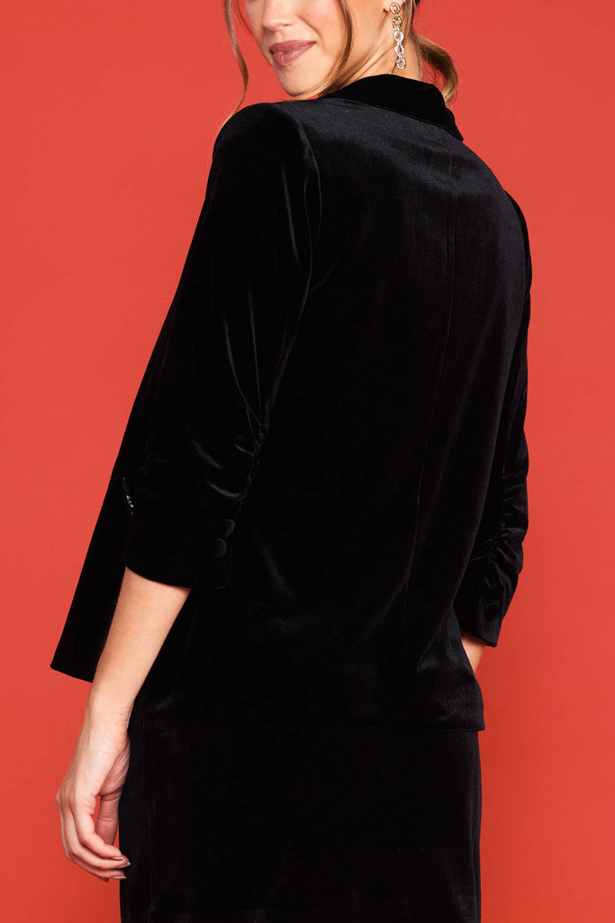 Velvet Blazer with Ruched Sleeves: Black