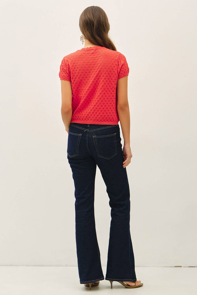 Pointelle Short Sleeve Cardi: Bright Tomatoe