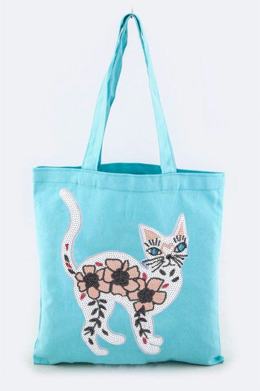 Sequin Kitty Canvas Tote: Mint