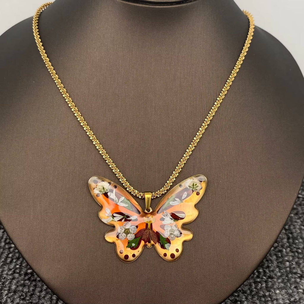 Dried Flower Brass Butterfly 18K Plated Necklace
