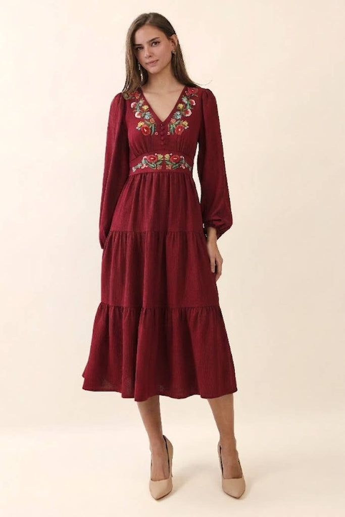Floral Embroidered Garnet Dress