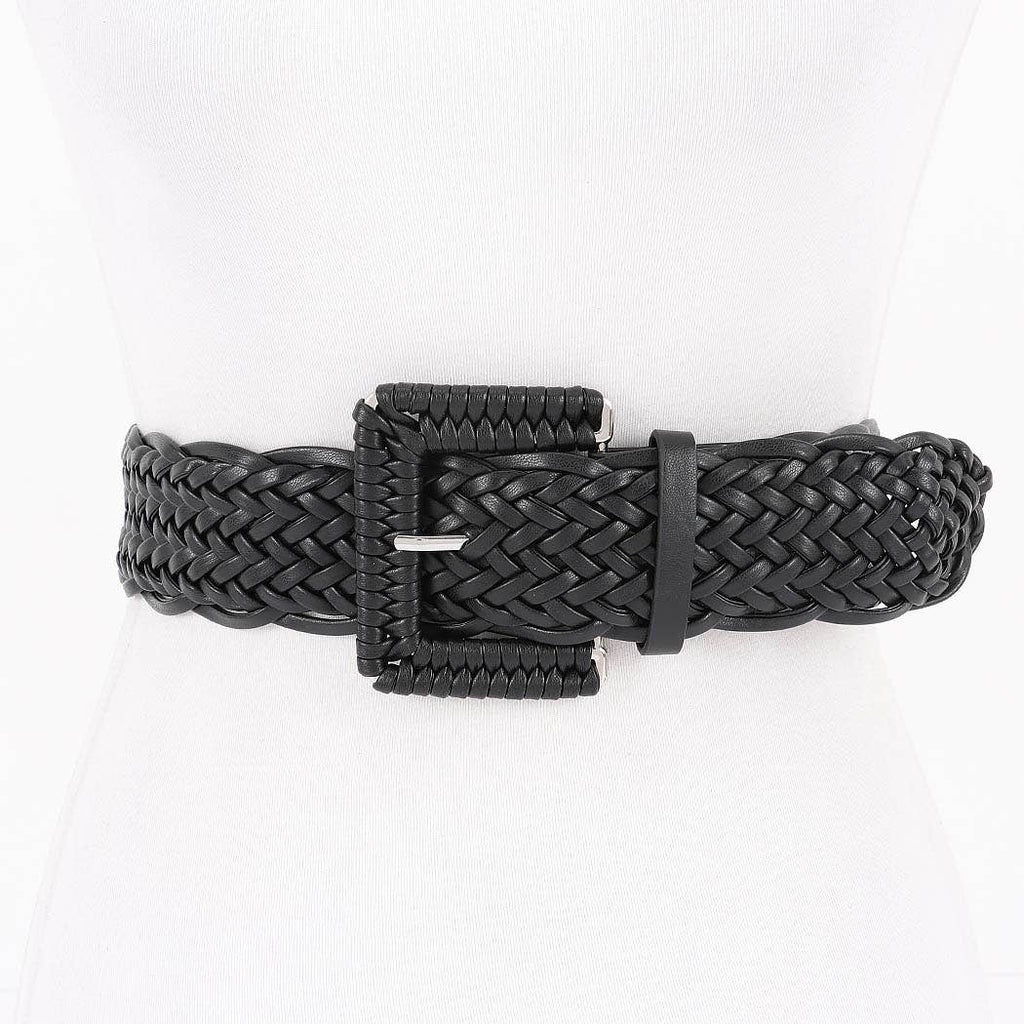 Braided Vegan Leather Buckle Belt: White