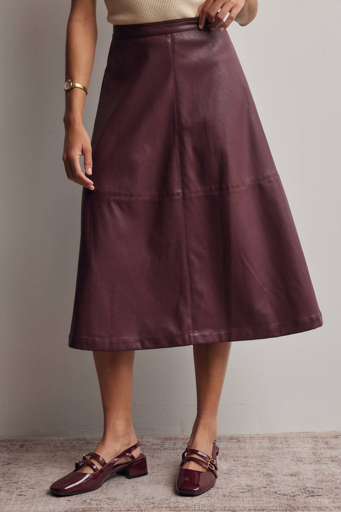 Faux Leather A-Line Midi Skirt: Burgundy