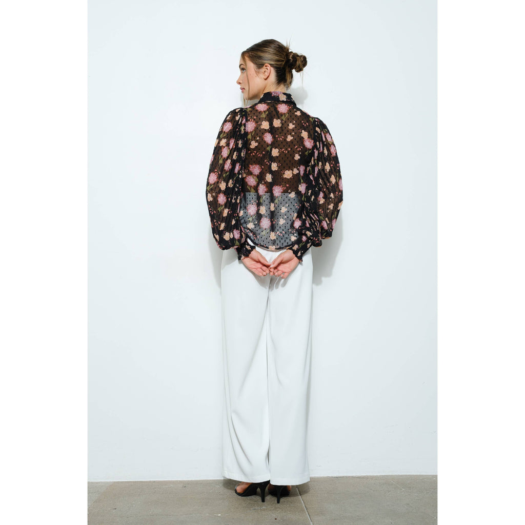 Floral Pleated Sleeve Blouse Top