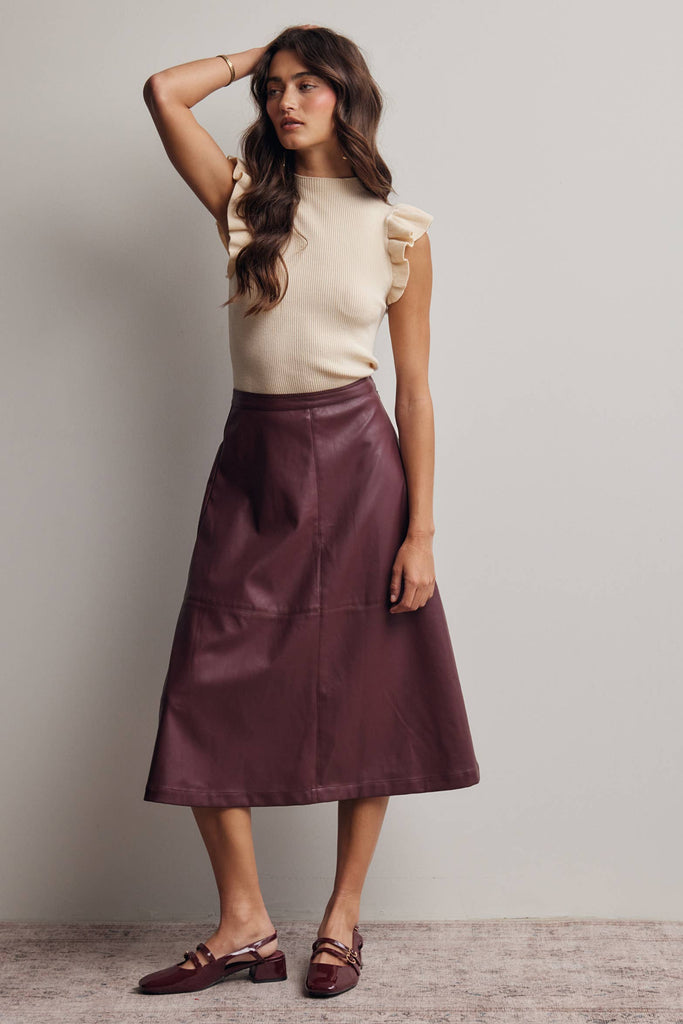 Faux Leather A-Line Midi Skirt: Burgundy