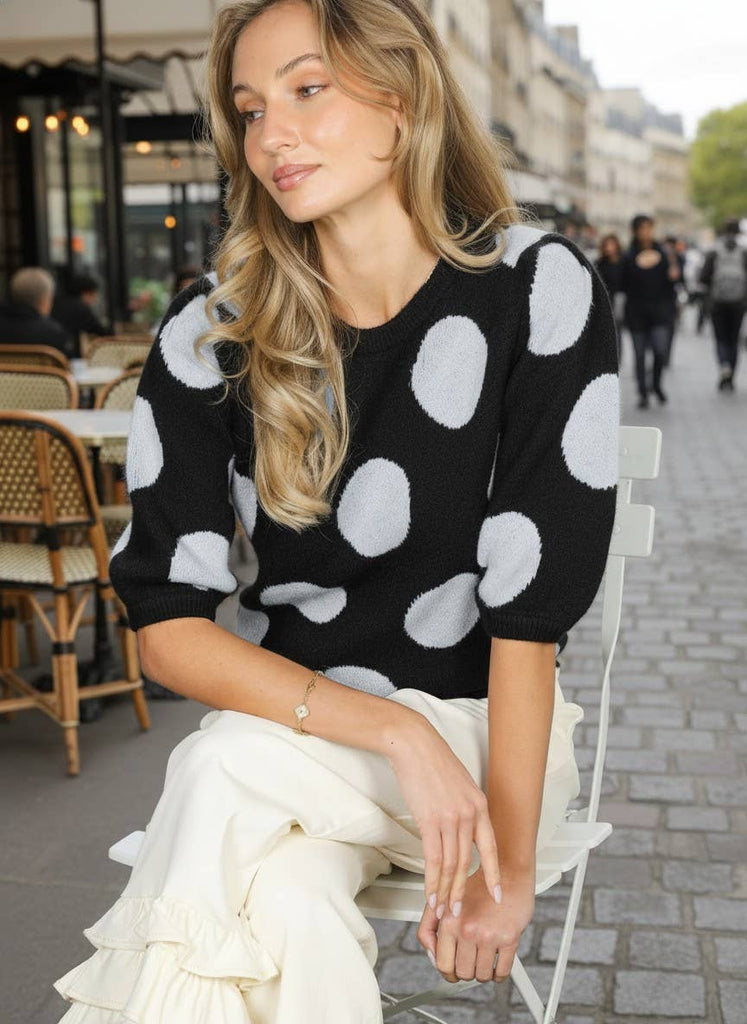 Polka Dot Short Sleeve Knitted Sweater