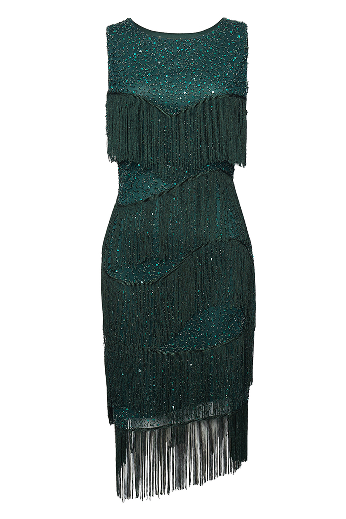 Dark Green Glitter Fringe Bias Hem Dress