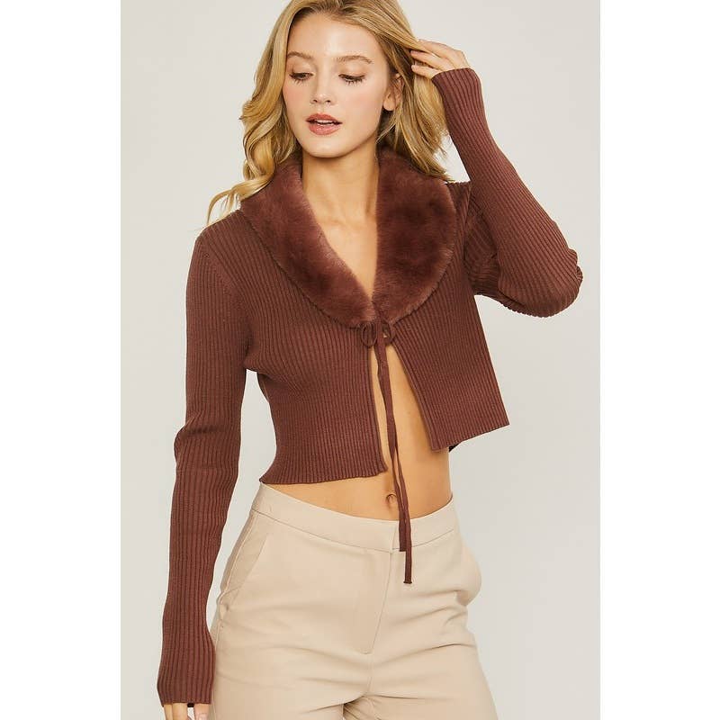 Fluffy Collar Cardigan: Chocolate