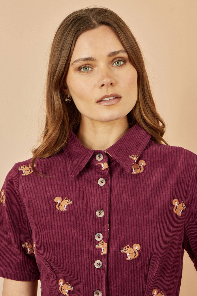 Cord Shirt Dress With Squirrel Embroidery