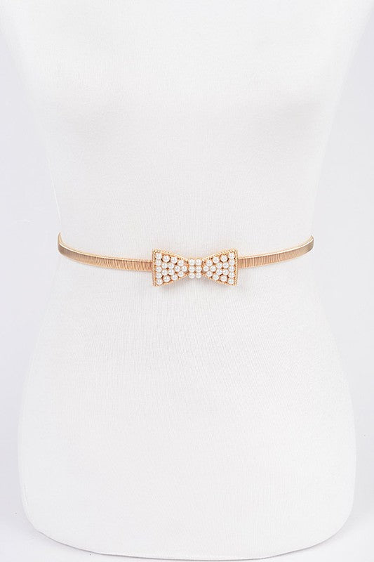 Stretch Metal Pearl Bow Belt: Gold