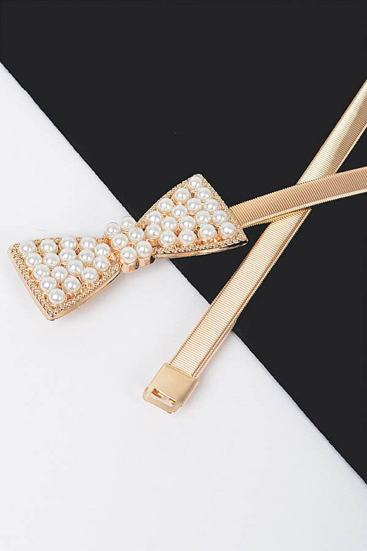 Stretch Metal Pearl Bow Belt: Gold