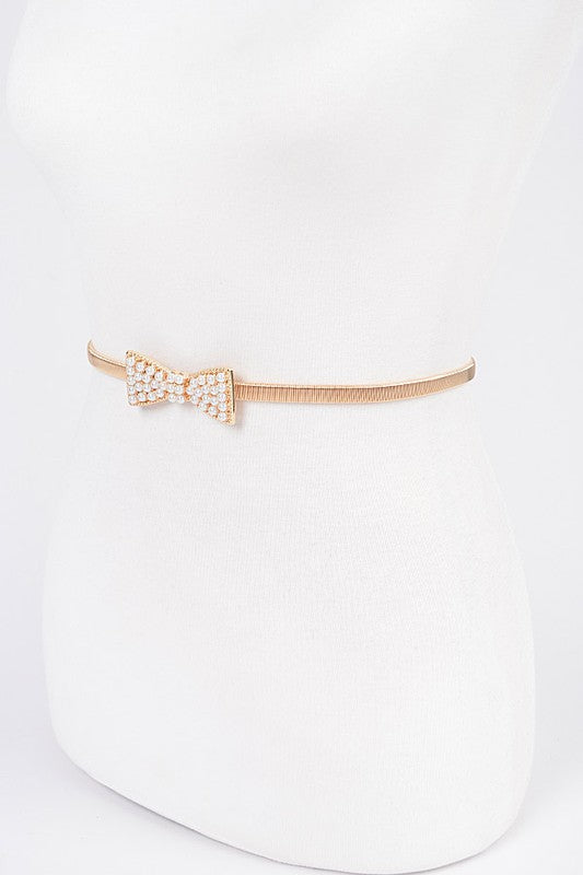 Stretch Metal Pearl Bow Belt: Gold