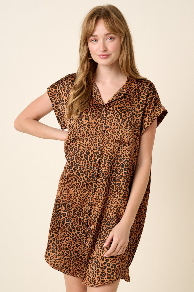 Leopard Dolman Sleeve Shirt Dress