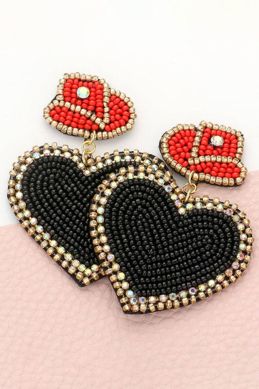 Beaded Hat Heart Dangle Earrings: Black