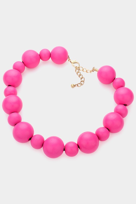 Wooden Chunky Bead Necklace: Fuchsia
