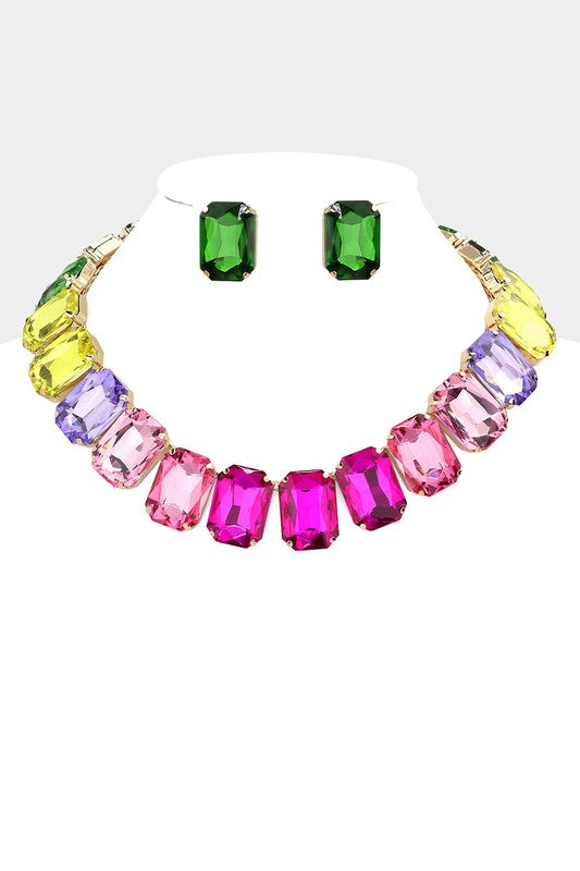 Emerald Cut Rainbow Stone Collar Necklace Set