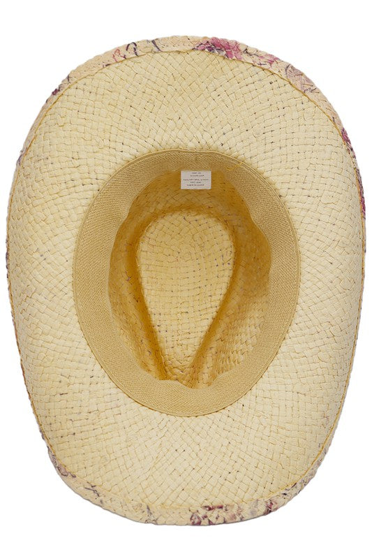Floral Print Straw Cowgirl Hat