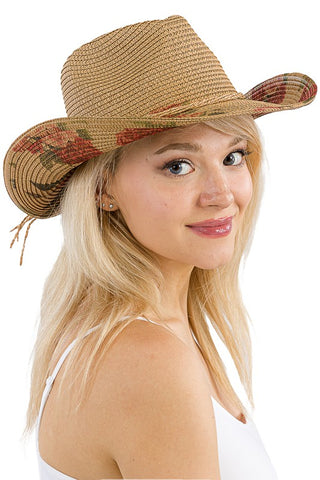 Floral Print Straw Cowgirl Hat