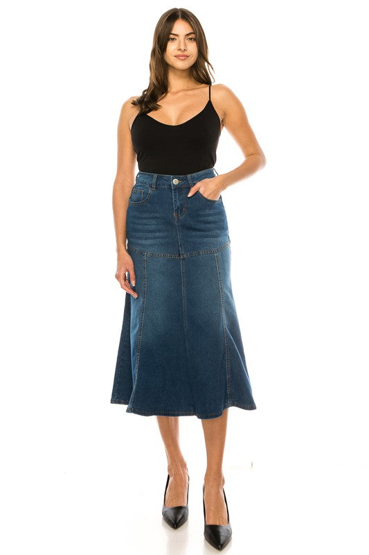 Vintage Wash Denim Midi Skirt