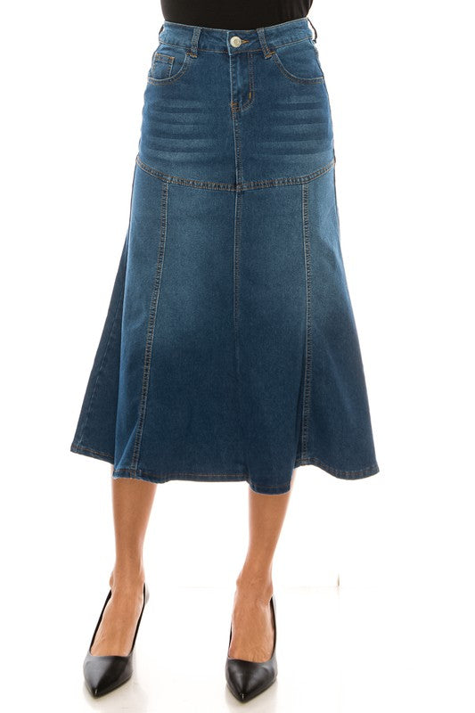 Vintage Wash Denim Midi Skirt