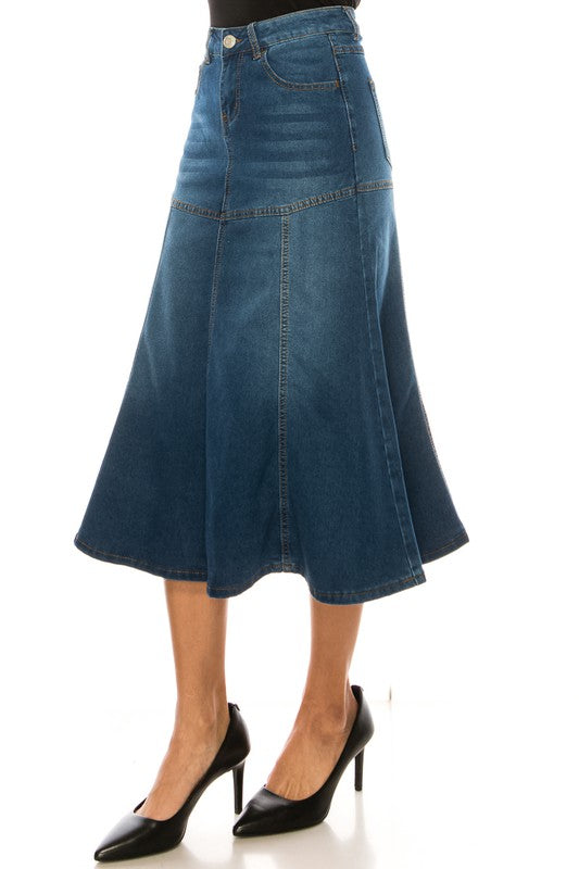 Vintage Wash Denim Midi Skirt