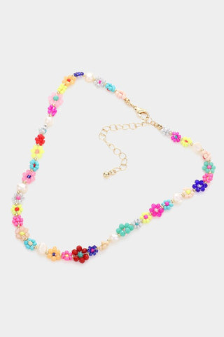 Floral Beaded Collar Necklace: Pink