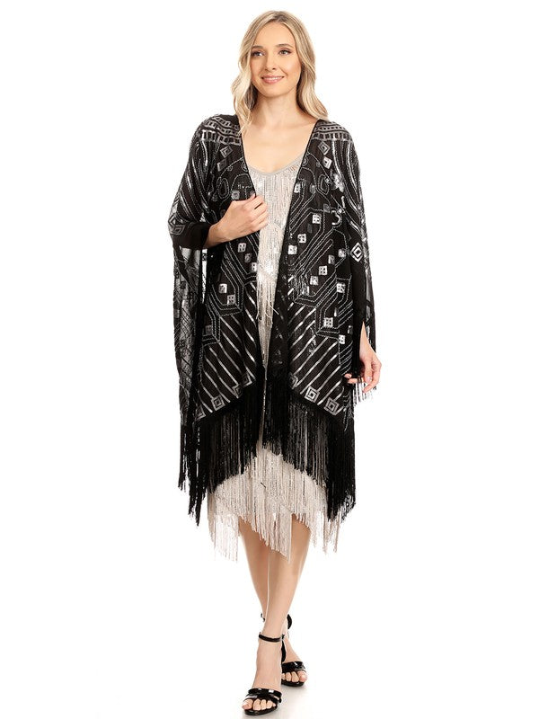 Deco Glam Beaded Shawl: Black-Silver