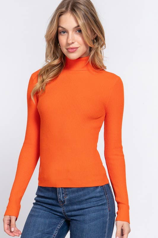 Turtle Neck Fitted Viscose Rib Sweater: Orange