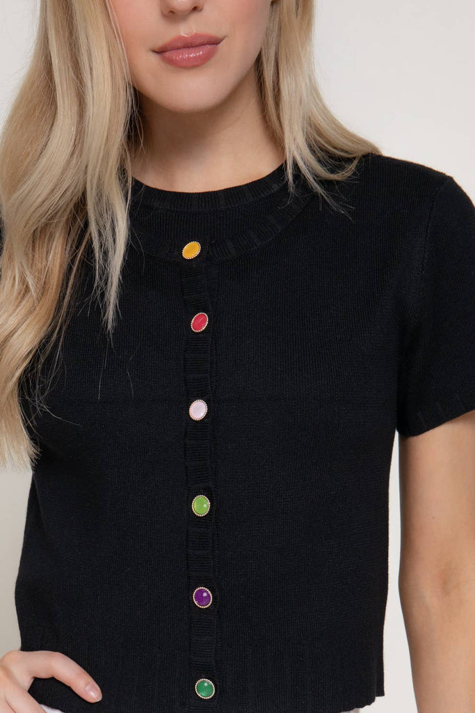 Short Sleeve Rainbow Button Card: Black