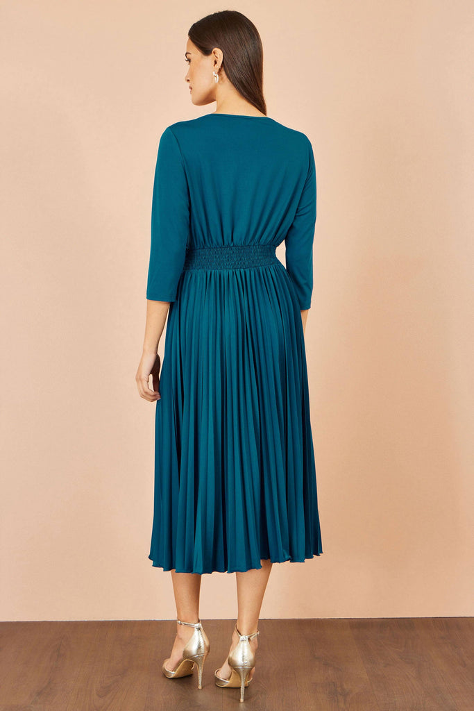 Teal Stretch Pleated Midi Dress