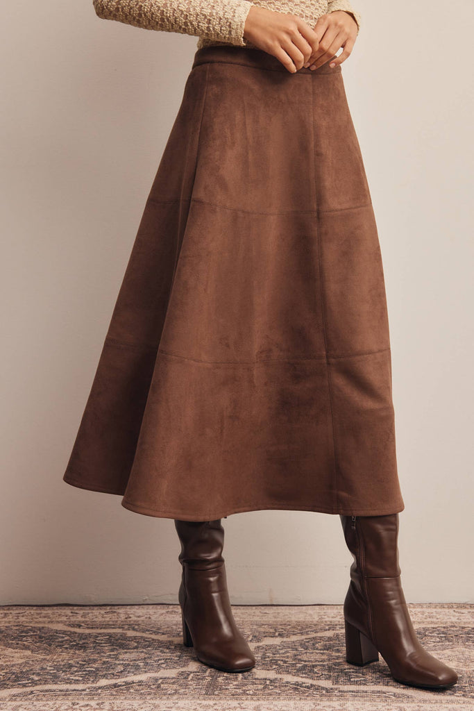 Stretch Suede A-Line Midi Skirt: Mocha