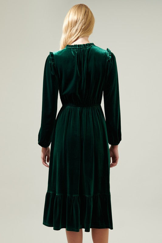 Charleston Ruffle Velvet Midi Dress: Green