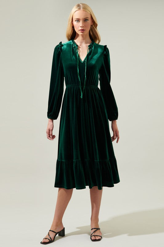Charleston Ruffle Velvet Midi Dress: Green