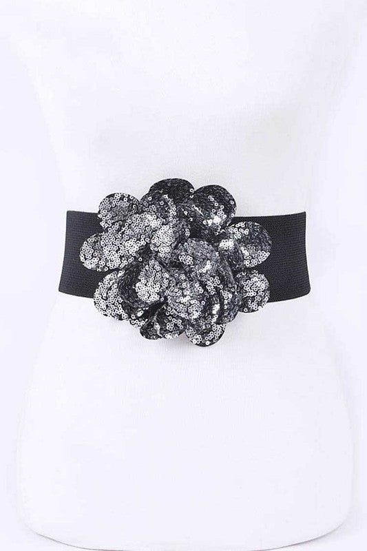 Plus Size Sequin Floral Belt: Silver