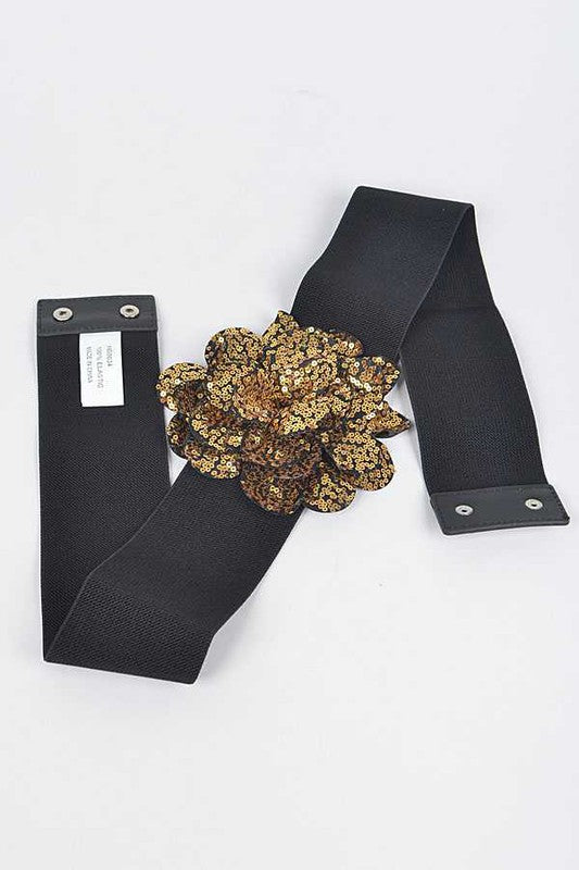 Plus Size Sequin Floral Belt: Gold