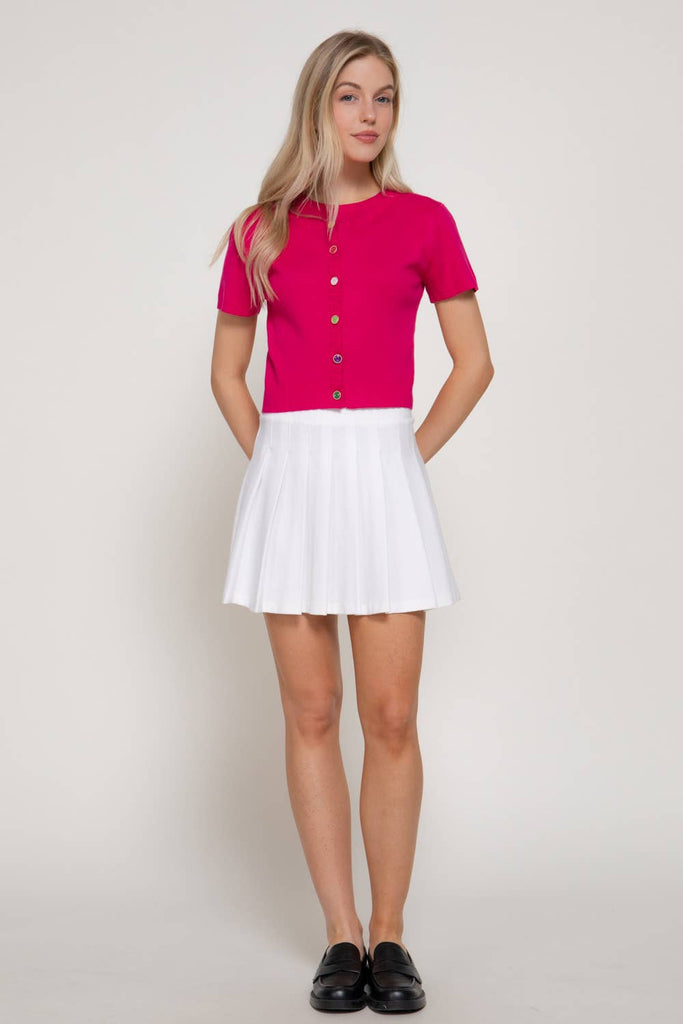 Short Sleeve Rainbow Button Cardi: Fuschia