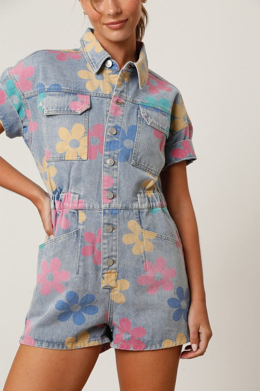 Retro Floral Denim Romper