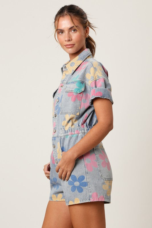 Retro Floral Denim Romper