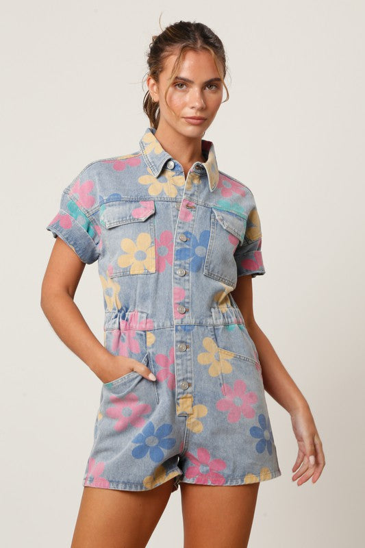 Retro Floral Denim Romper