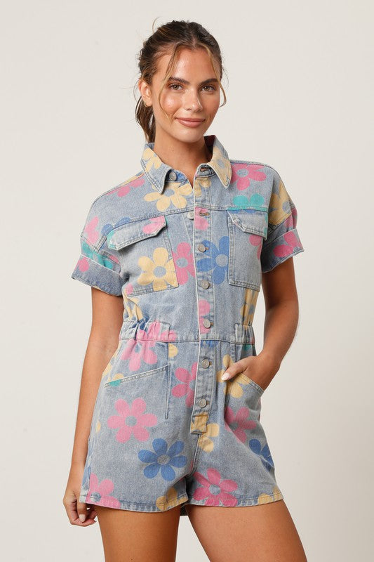 Retro Floral Denim Romper