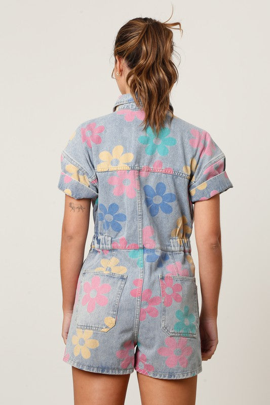 Retro Floral Denim Romper