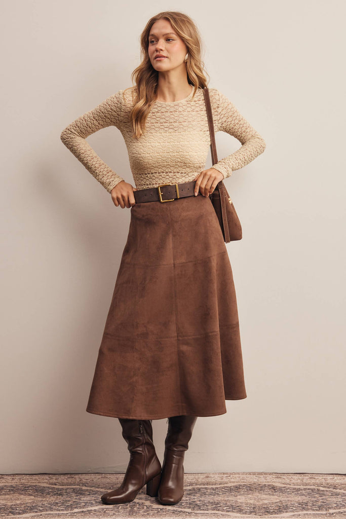 Stretch Suede A-Line Midi Skirt: Mocha